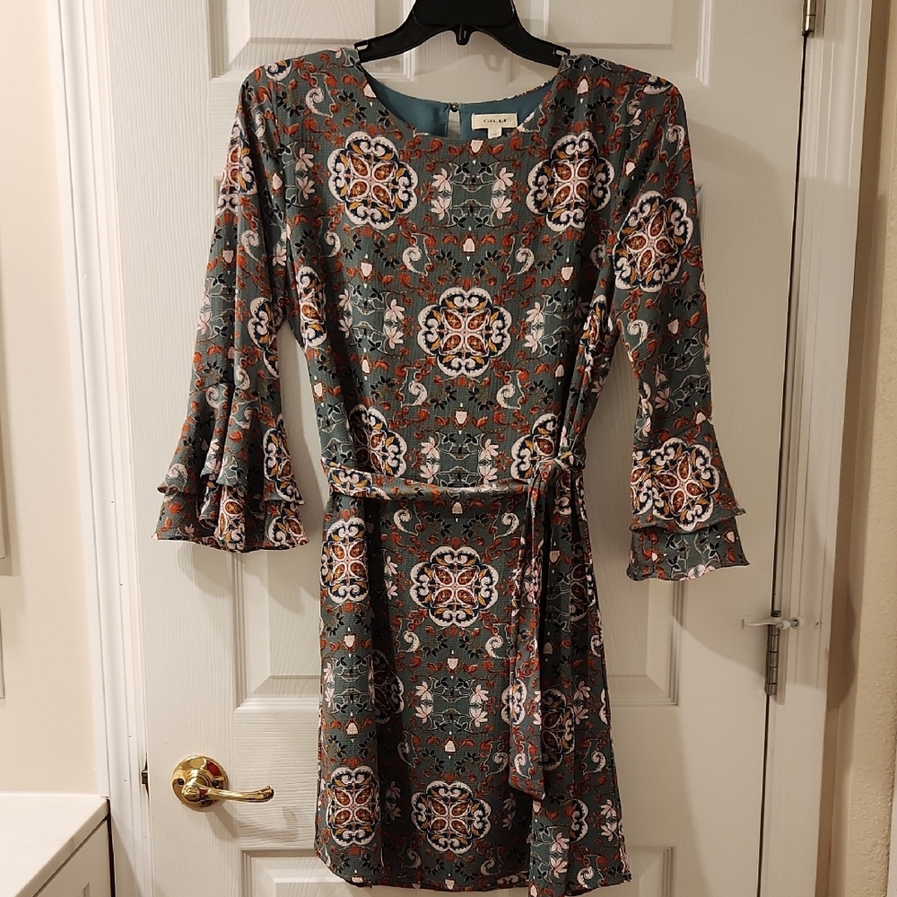 Gilli Paisley Long Sleeve Lined Dress in Green and Brown Bell Sleeves Size L